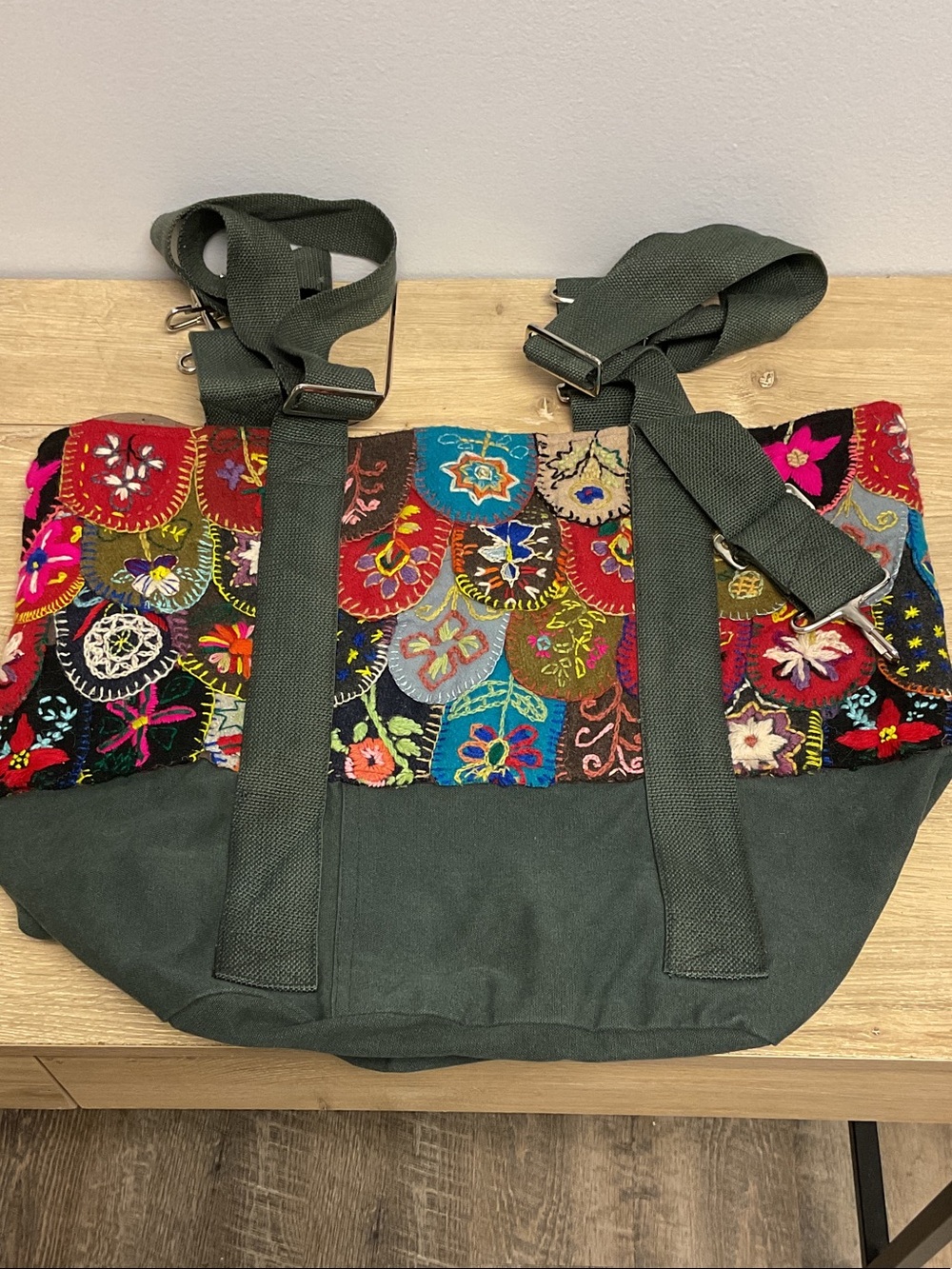 Free People Multicolor Embroidered Canvas Tote with Dark Green Base